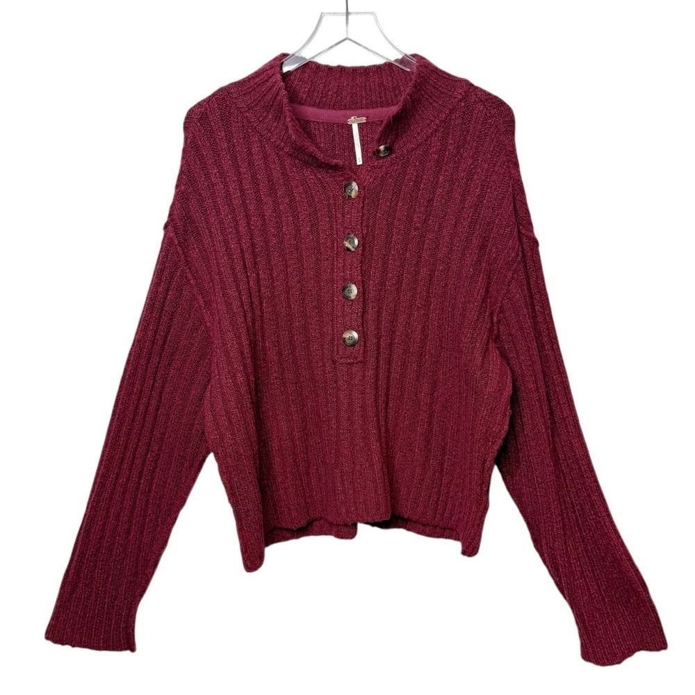 Free People Burgundy Ribbed Chunky Women’s Popover Oversized Henley Sweater Sz M